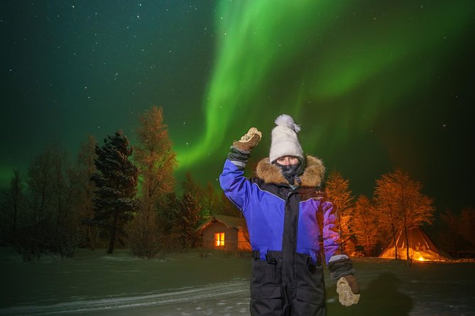 From Saariselkä: Northern lights tour to Lake Inari, incl. dinner - Reindeer feeding and photos: A hands-on Lapland moment