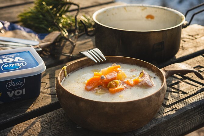PRIVATE Traditional Finnish Soup Workshop by the Forest - Cooking the salmon soup over an open fire