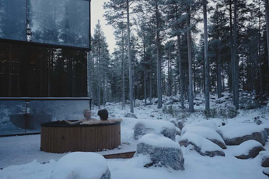Rovaniemi: Forest Spa, Outdoor hot tubs and bathrobe dinner - Entering the Wave sauna with panoramic forest views (and glass cabin vibes)